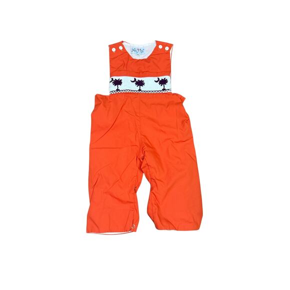 Molly Pop Orange Palmetto Tree Crescent Moon Embroidered Smocked Overalls 12M - Picture 1 of 3